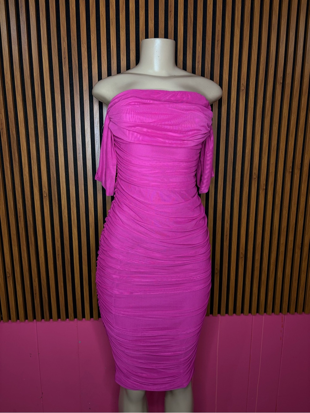 Strapless Ruched Hot Pink Midi Dress